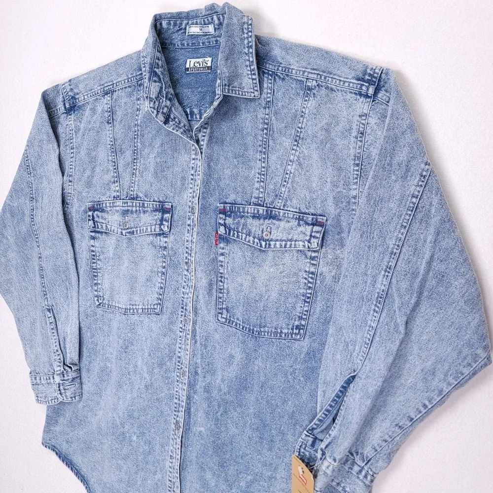 Levis Sportswear Mens Vintage 90s Acid Wash Denim Shirt‎ Light Blue Medium M NWT